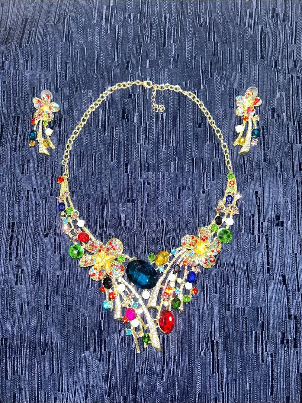 Gold Multicolor Crystal Floral Statement Necklace and Earring Set